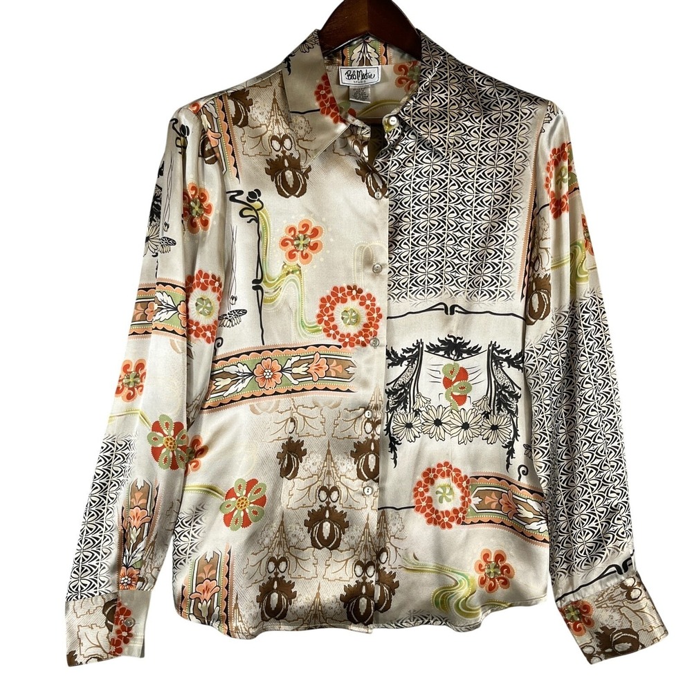Bob Mackie Womens 12 100% Silk Button Front Blouse Floral Patchwork Beige Boho